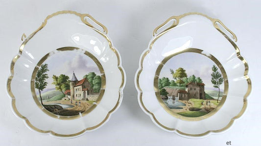 c1840s Hand Painted Gilt Porcelain Shrimp Bowls Dishes