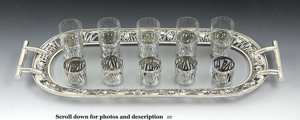 1890-1915 Japanese Art Nouveau Set Of Silver Overlay Cordials W/Silver Tray