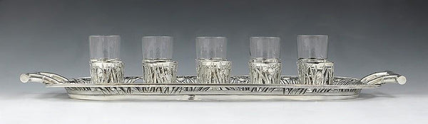 1890-1915 Japanese Art Nouveau Set Of Silver Overlay Cordials W/Silver Tray