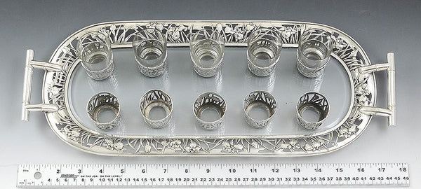 1890-1915 Japanese Art Nouveau Set Of Silver Overlay Cordials W/Silver Tray