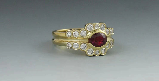Superb 18K Yellow Gold 1ct Red Ruby 2/3ct Brilliant Diamond Band Ring Size 5.75