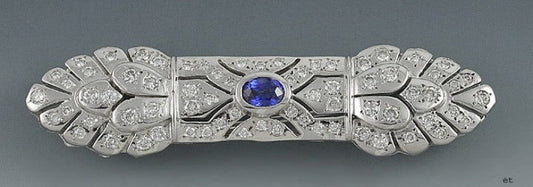 Radiant Italian 18K White Gold Diamond Sapphire Bar Pin Brooch