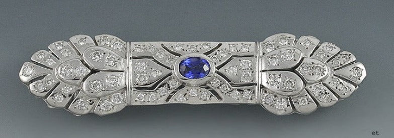 Radiant Italian 18K White Gold Diamond Sapphire Bar Pin Brooch