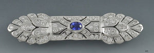 Radiant Italian 18K White Gold Diamond Sapphire Bar Pin Brooch