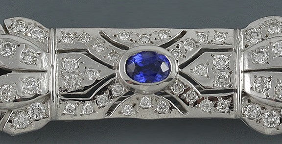 Radiant Italian 18K White Gold Diamond Sapphire Bar Pin Brooch