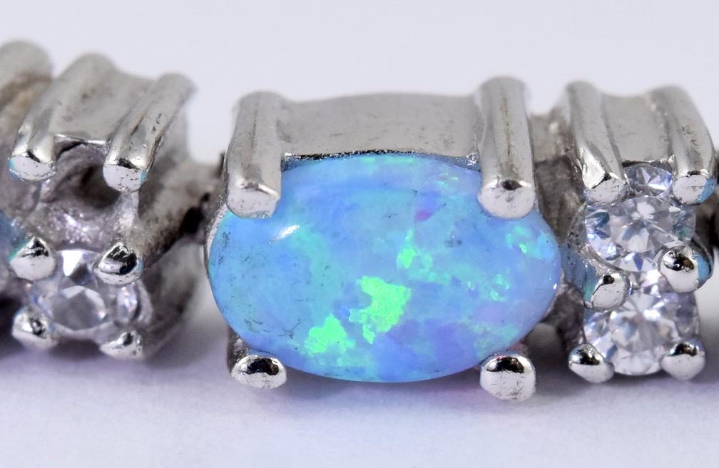 Beautiful Sterling Silver Synthetic Opal and Diamond Bracelet, 6 3/4"