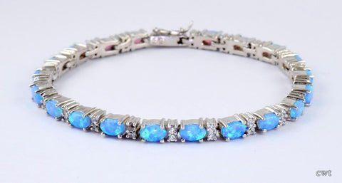 Beautiful Sterling Silver Synthetic Opal and Diamond Bracelet, 6 3/4"