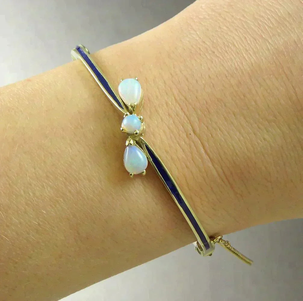 Vintage Retro 14K Yellow Gold Enamel Natural 3 Opal Gemstone Bangle Bracelet