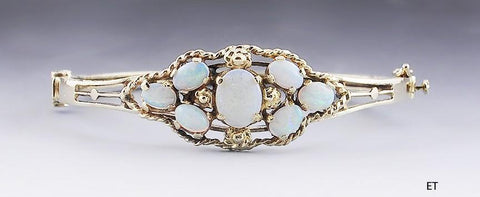 Stunning Vtg 14k Gold & Opal Hinged Bracelet