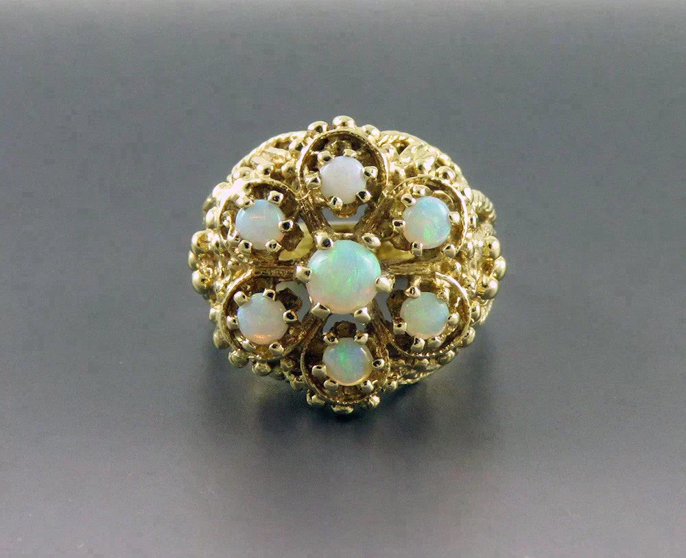 Fine 14K Yellow Gold 7 Natural Opal Cabochon Large Cluster Statement Ring