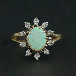 Stunning Vibrant 14k Gold Opal & Diamond Ring Modern Size 6.5