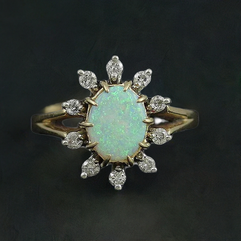 Stunning Vibrant 14k Gold Opal & Diamond Ring Modern Size 6.5