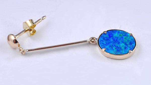 Outstanding Modern 14k Gold and Blue Fiery Opal Dangling Pierced Earrings