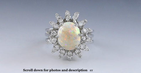 Elegant Opal Cabochon and 14k White Gold Diamond Halo Ring Size 6