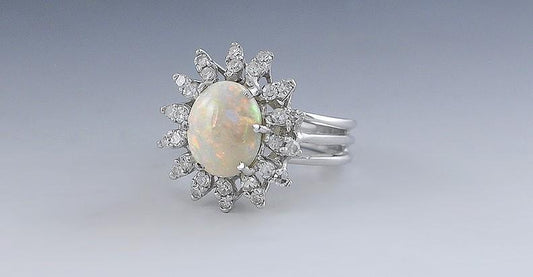Elegant Opal Cabochon and 14k White Gold Diamond Halo Ring Size 6