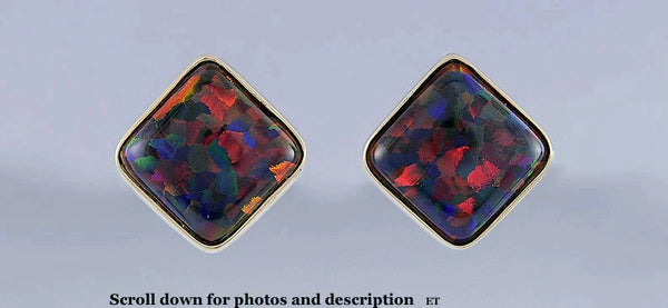 Stunning Pair Black Opal 14k Gold Post Earrings