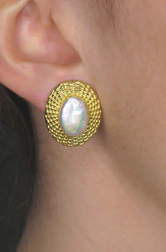 Designer 18K Yellow Gold Weaved Edge Baroque Pearl Earrings