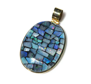 Gorgeous 18k Yellow Gold Opal Mosaic Oval Statement Pendant