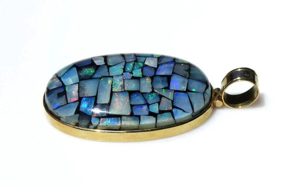 Gorgeous 18k Yellow Gold Opal Mosaic Oval Statement Pendant