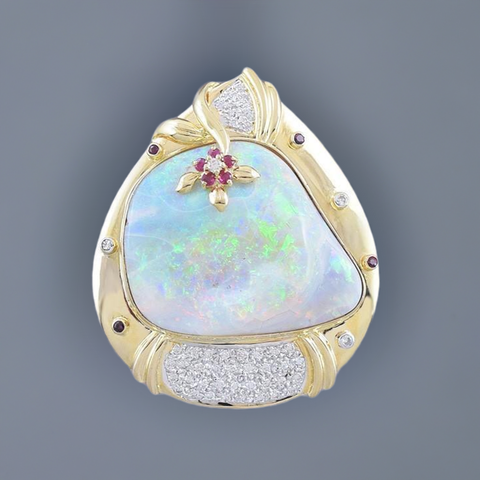 Stunning Large 18k Gold Naturalistic Opal Diamond & Ruby Pendant