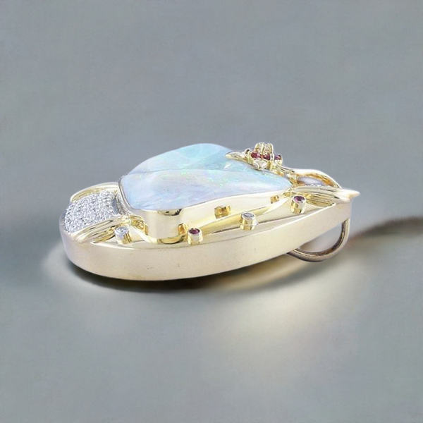 Stunning Large 18k Gold Naturalistic Opal Diamond & Ruby Pendant