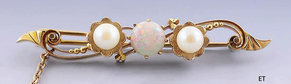 Fabulous Antique C1910 18k Gold Opal Pearl Diamond Bar Pin Diamond Brooch