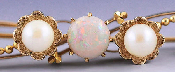 Fabulous Antique C1910 18k Gold Opal Pearl Diamond Bar Pin Diamond Brooch