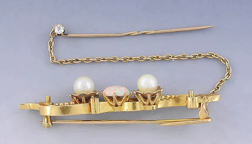 Fabulous Antique C1910 18k Gold Opal Pearl Diamond Bar Pin Diamond Brooch
