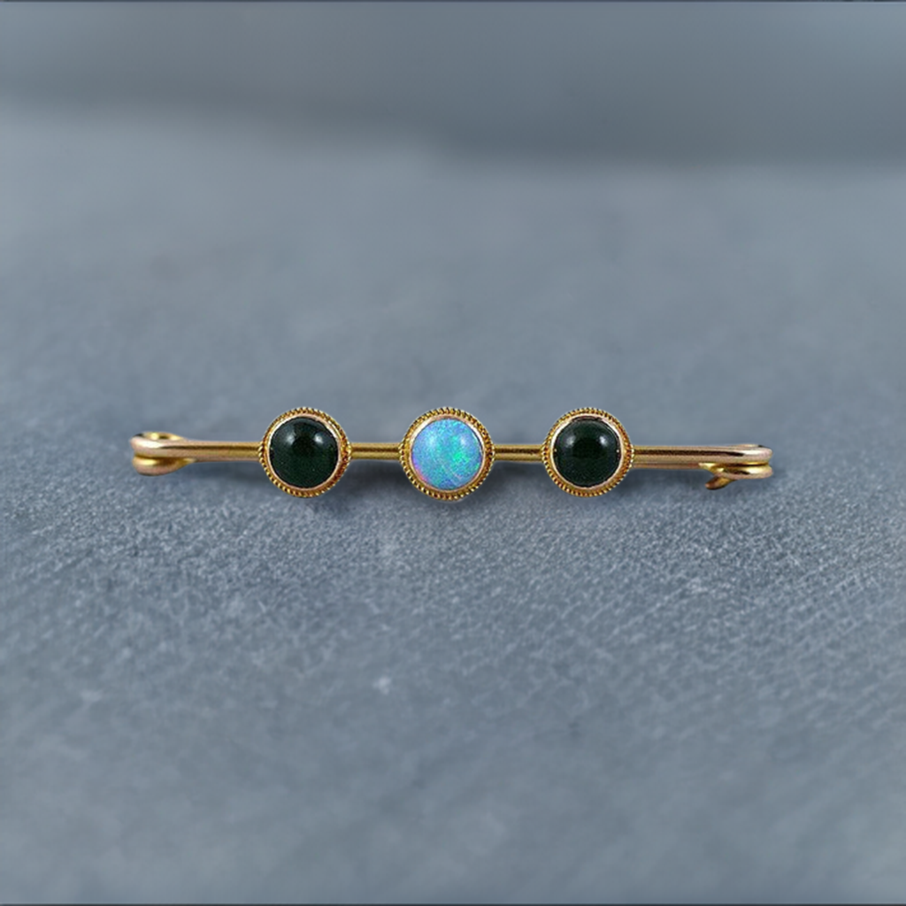 Unusual Victorian Jade Opal 14k Gold Safety Pin Form Brooch