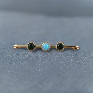 Unusual Victorian Jade Opal 14k Gold Safety Pin Form Brooch