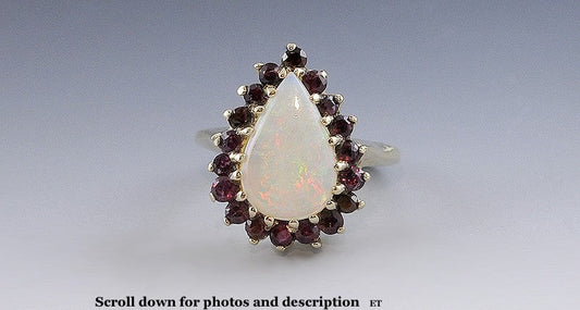 Attractive 14K Gold Ring w/ Teardrop Opal & Rubies Halo Cocktail Ring Size 6.75