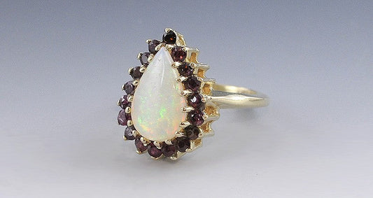 Attractive 14K Gold Ring w/ Teardrop Opal & Rubies Halo Cocktail Ring Size 6.75