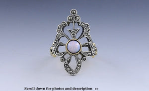 Stunning Antique Austrian 18k Gold and Silver Opal Marcasite Filigree Ring