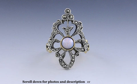 Stunning Antique Austrian 18k Gold and Silver Opal Marcasite Filigree Ring