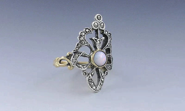 Stunning Antique Austrian 18k Gold and Silver Opal Marcasite Filigree Ring