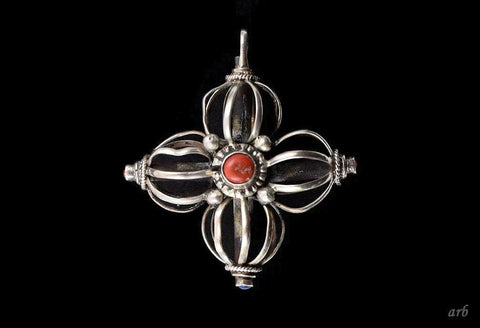 Lovely Tibetan Buddhist Viswa Vajra Sterling Silver Lapis and Coral Pendant