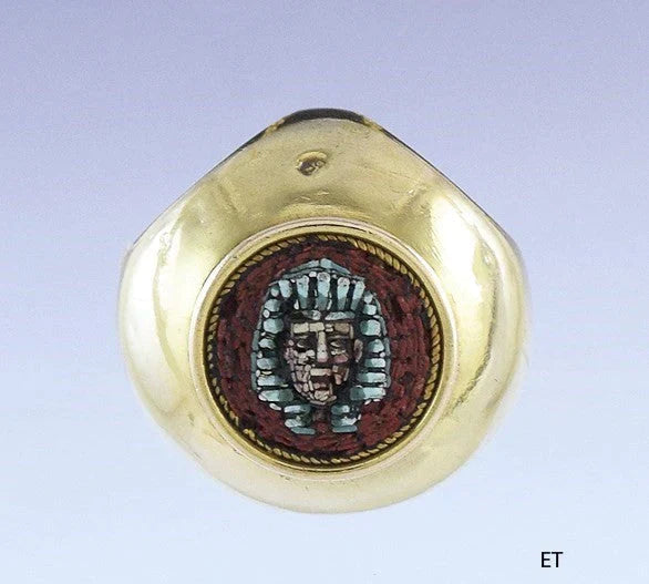 Italian 18K Gold & Micro Mosaic Egyptian Revival Scarf Ring c1880