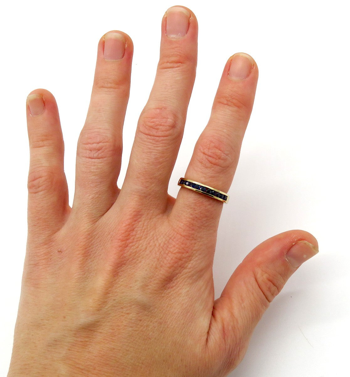 14k Yellow Gold Channel Set ~.40ct Sapphire Anniversary Band Open Back Ring