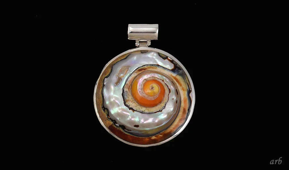 Gorgeous Modern Sterling Silver Authentic Shell Pendant w/ Orange Tone