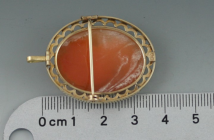 Pretty 14K Yellow Gold Openwork Hand Carved Cameo of a Young Woman Pin Pendant