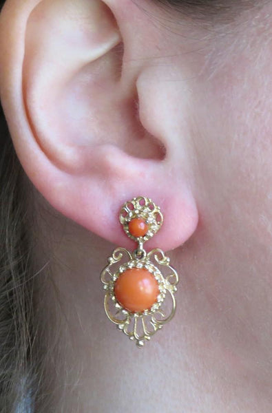 Elegant Victorian Style 14k Yellow Gold Coral Filigree Drop Pierced Earrings