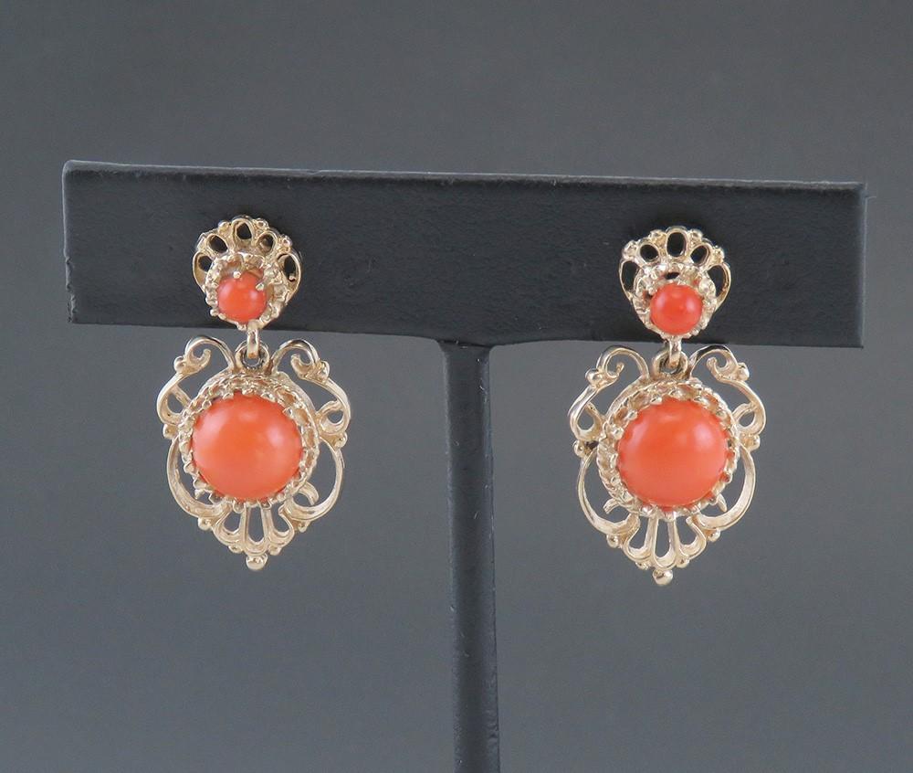 Elegant Victorian Style 14k Yellow Gold Coral Filigree Drop Pierced Earrings