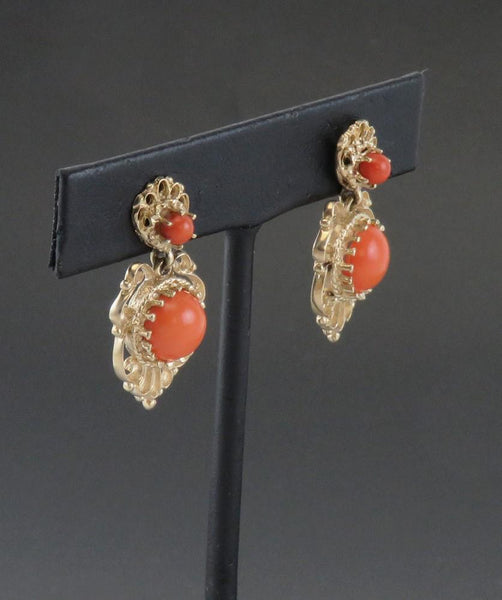 Elegant Victorian Style 14k Yellow Gold Coral Filigree Drop Pierced Earrings