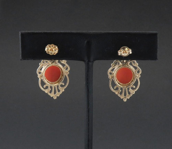 Elegant Victorian Style 14k Yellow Gold Coral Filigree Drop Pierced Earrings