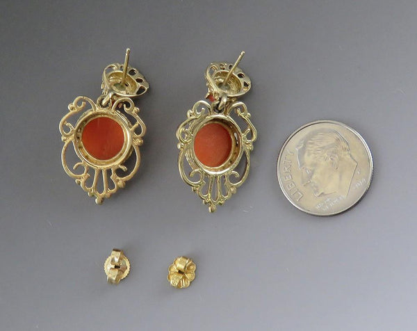 Elegant Victorian Style 14k Yellow Gold Coral Filigree Drop Pierced Earrings