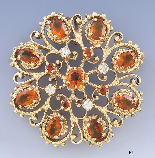 Charming Retro 14k Gold Diamond & Citrine Pin / Brooch / Pendant