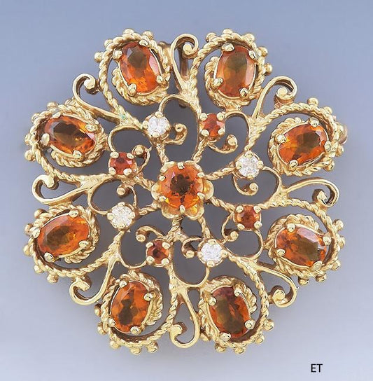 Charming Retro 14k Gold Diamond & Citrine Pin / Brooch / Pendant