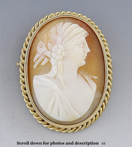 Great c1900 Vintage 14k Gold & Hand Carved Shell Cameo Brooch Pin