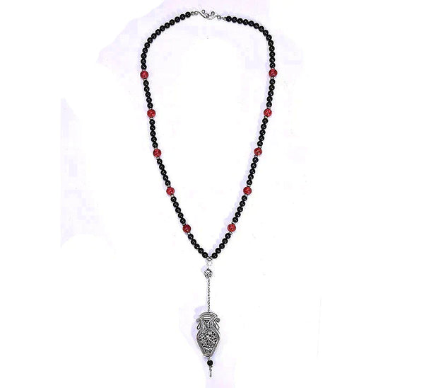 Neat Chinese Export Silver Necklace w/ Big Pendant and Black, Red, Silver Beads