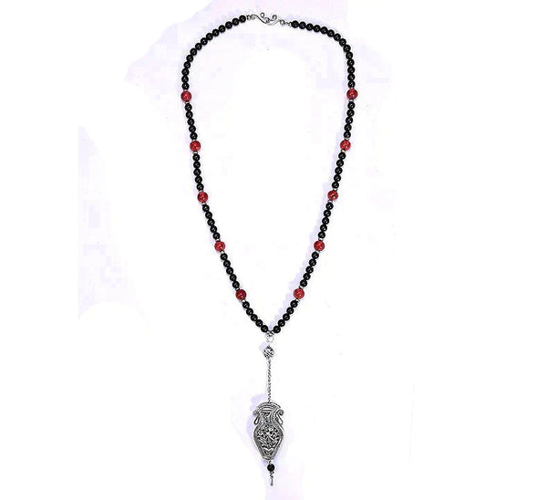 Neat Chinese Export Silver Necklace w/ Big Pendant and Black, Red, Silver Beads